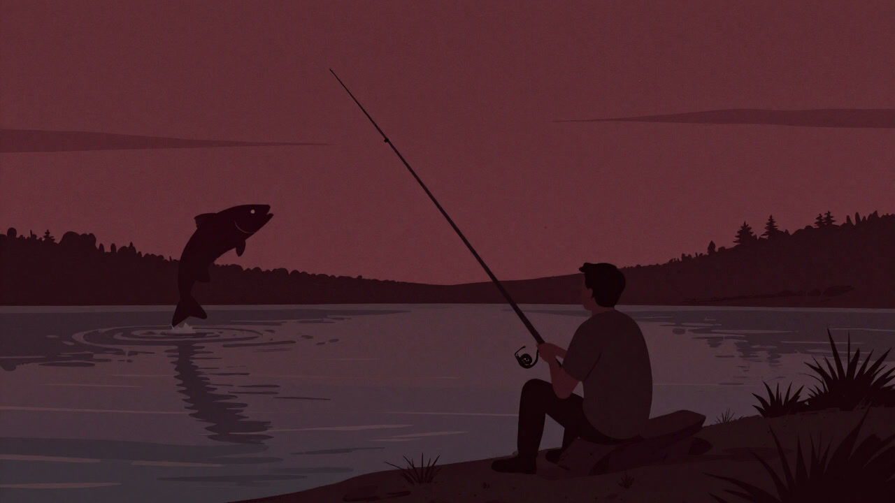 Illustration of an angler quietly casting a line by a serene lakeshore, with a fish silhouette jumping behind.