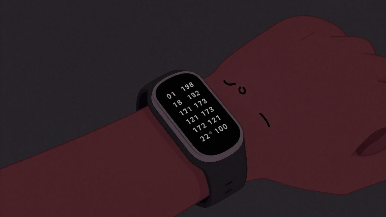 疲れ切った表情で数字を表示し続けるフィットネストラッカーのクローズアップ画像