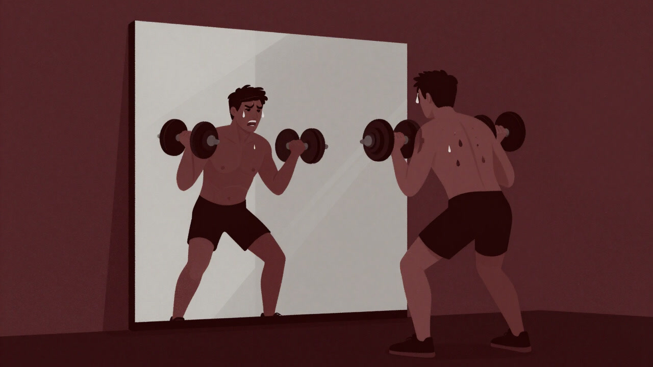 Image of a person gripping dumbbells in front of a mirror with a tortured expression.