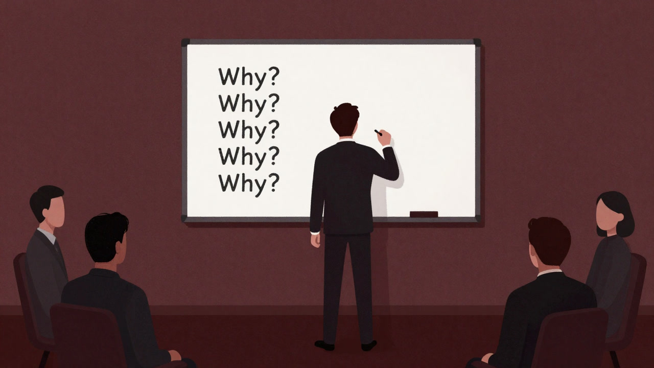 Person repeatedly writing 'Why?' five times on a whiteboard in a meeting room