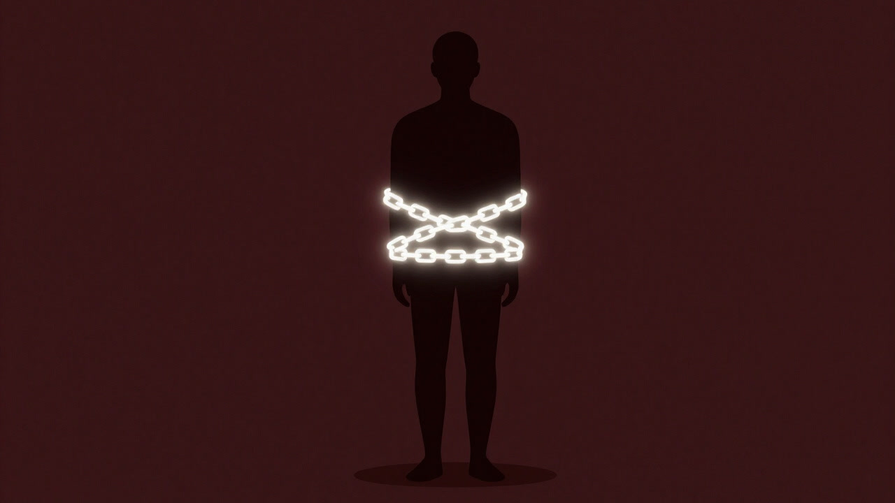 Illustration of a human silhouette chained by links symbolizing resistance to change, holding its self-imposed limits.