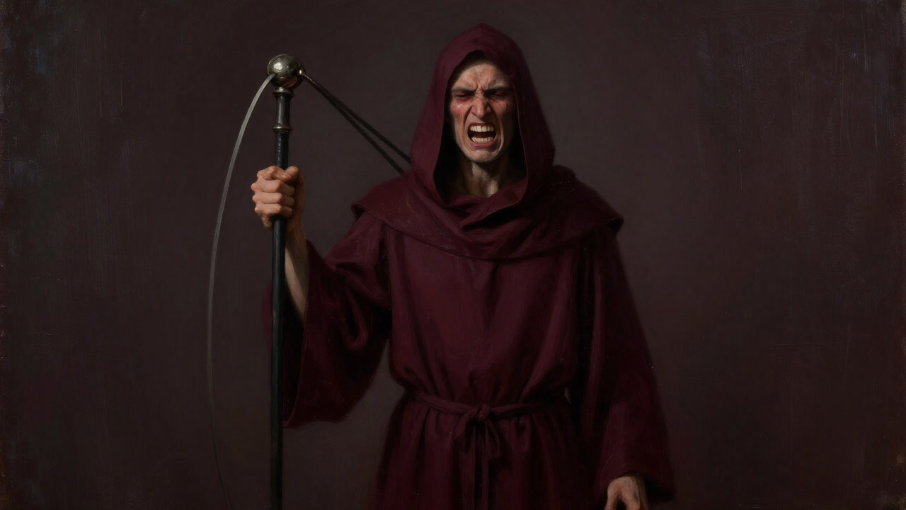 苦悶の表情で鞭を手にする修行者のシーン