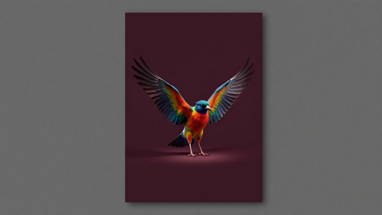 色鮮やかな羽を広げる鳥がポスターの中心に立つイラスト