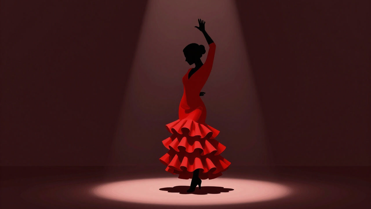 Silhouette image of a flamenco dancer in a red dress passionately stomping her feet