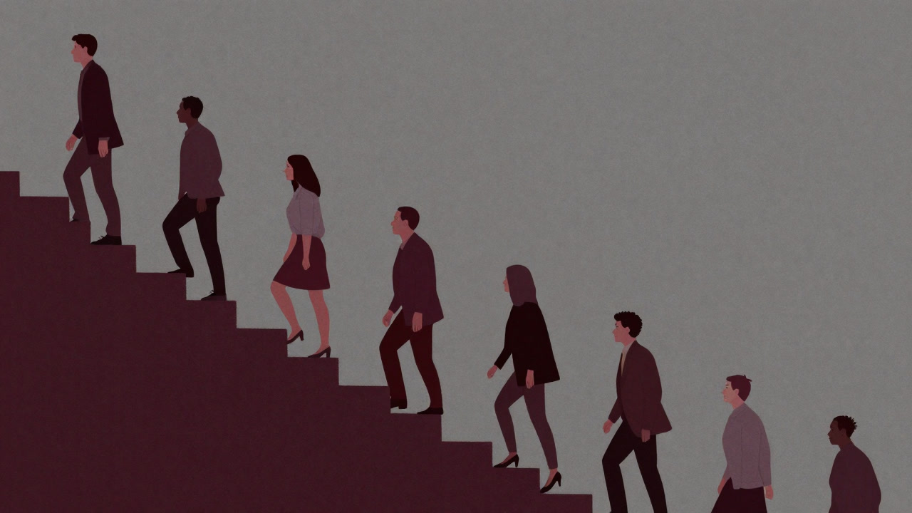 Illustration of people of varying wealth climbing identical stairs