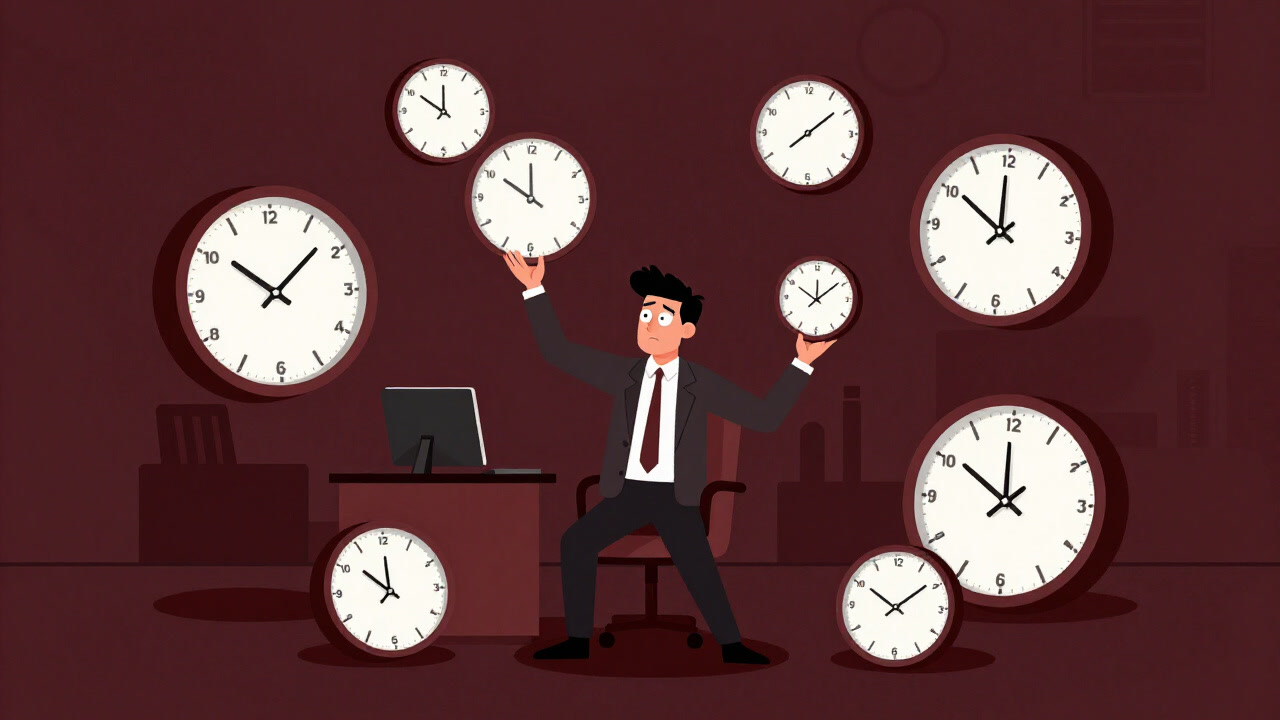 Illustration of an office worker in a sea of oversized clocks, juggling multiple timepieces hesitantly like a corporate slave