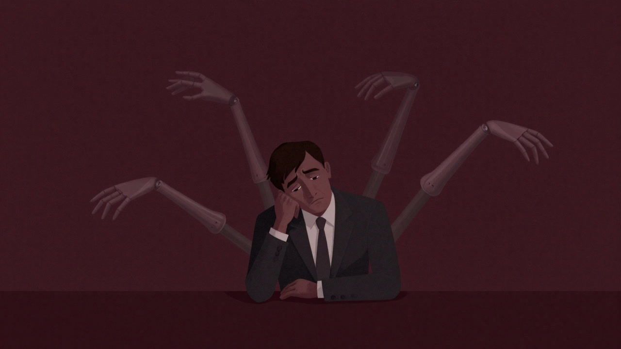 Image of a weary person at a desk, their limbs stretching and contracting like rubber as they rest their chin on their hand