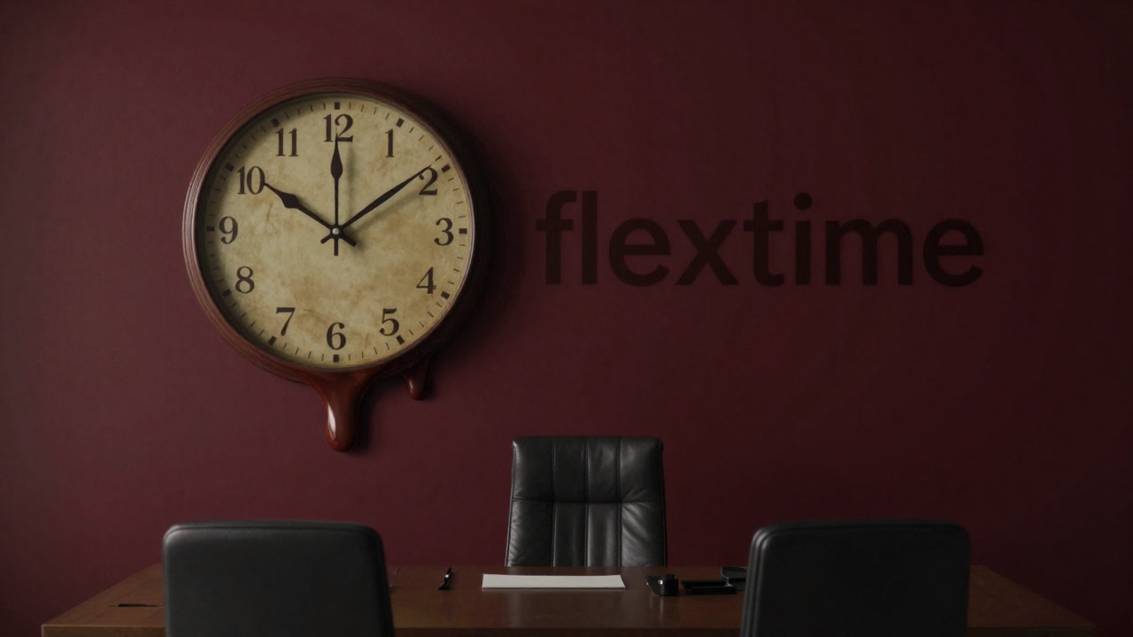 オフィスの壁時計がぐにゃりと歪み、中央にフレックスタイムの文字が浮かぶシュールなイラスト