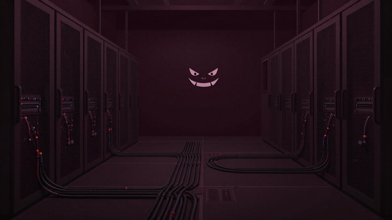 Illustration of Flink logo smirking amidst a dark server room surrounded by streaming data rivers
