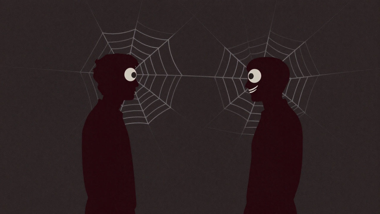 微笑みと視線で絡みつく蜘蛛の網のような罠を前に、戸惑う男女のシルエット