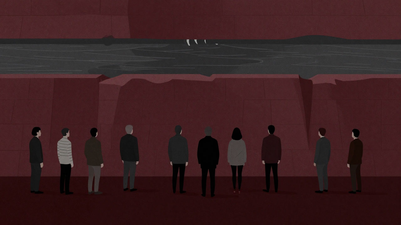 重厚な堤防を見つめる市井の人々と、背後で小さく震える川の姿