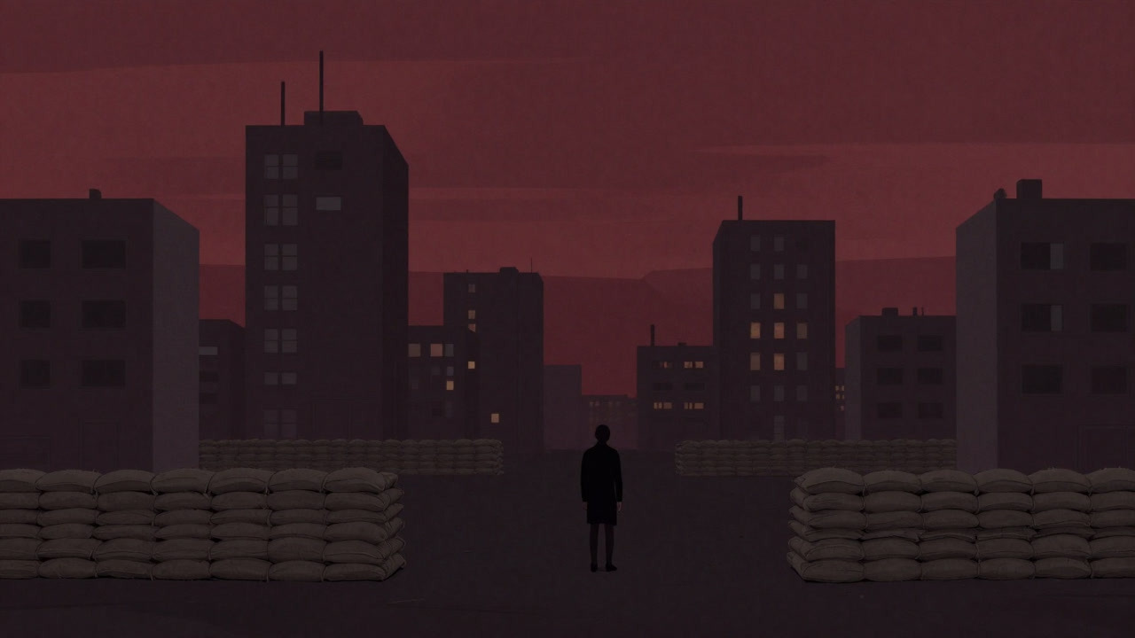 土嚢に囲まれた建物の前で、心細そうに佇む住民のシルエット