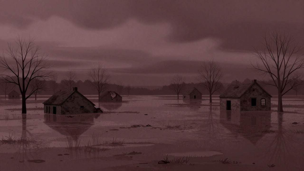 残された家屋の基礎部分が泥に埋もれた氾濫原の風景