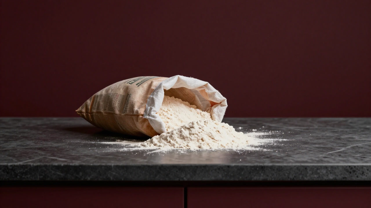 A gentle mound of flour spilling from a bag, silently covering the kitchen counter.