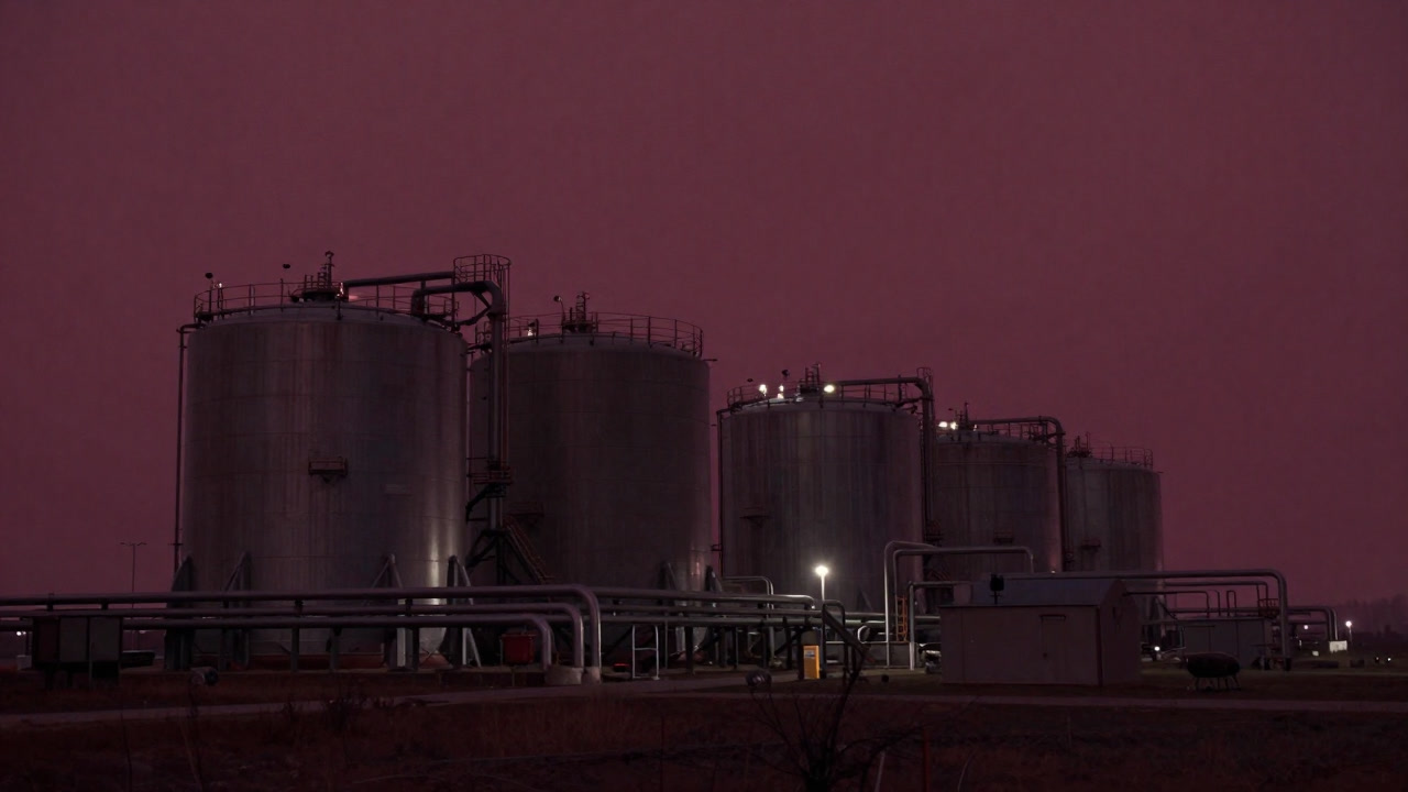 Photo of massive outdoor tanks and pipes forming a flow battery system glowing eerily under night lights