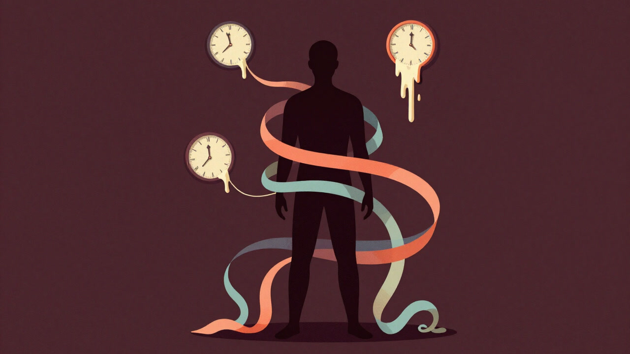 Silhouette of a person immersed within swirling ribbons of color as time bends around them