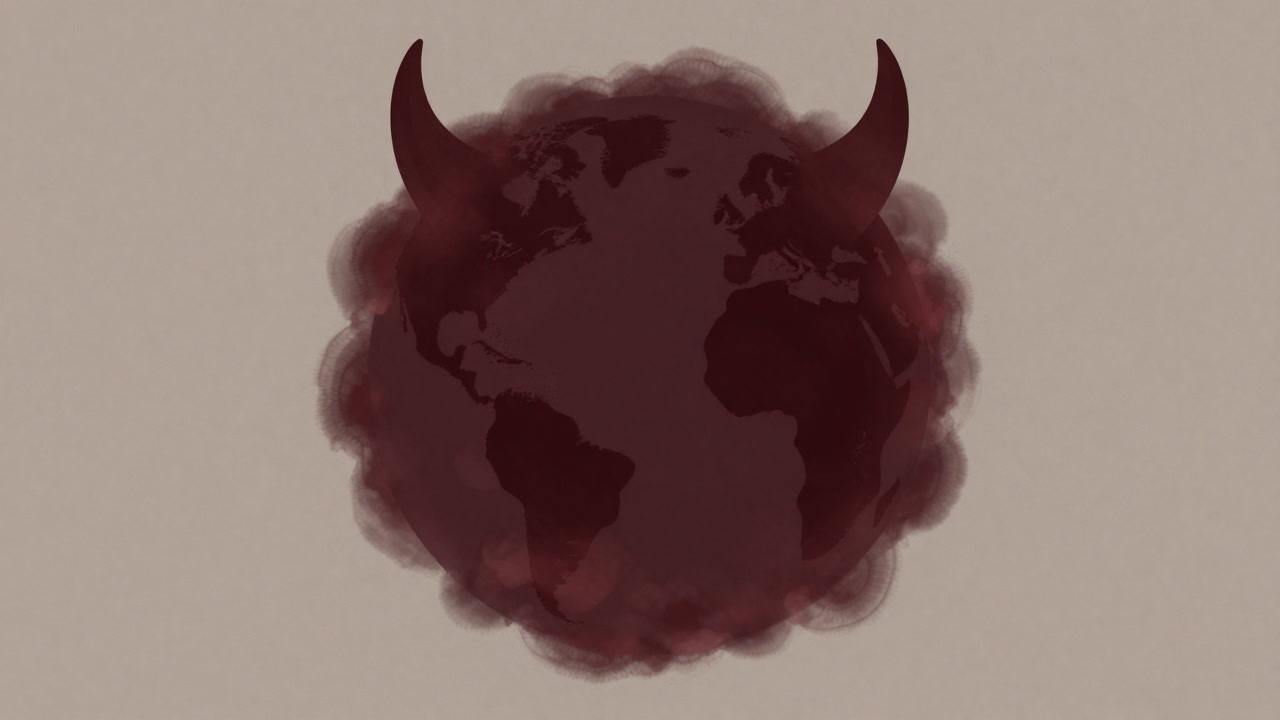 Illustration of vaporous gas clouds covering the Earth with a sinister devilish face emerging