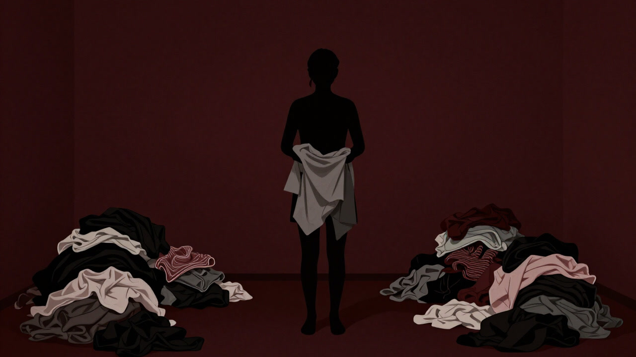Silhouette of a figure surrounded by laundry, folding with an expressionless face