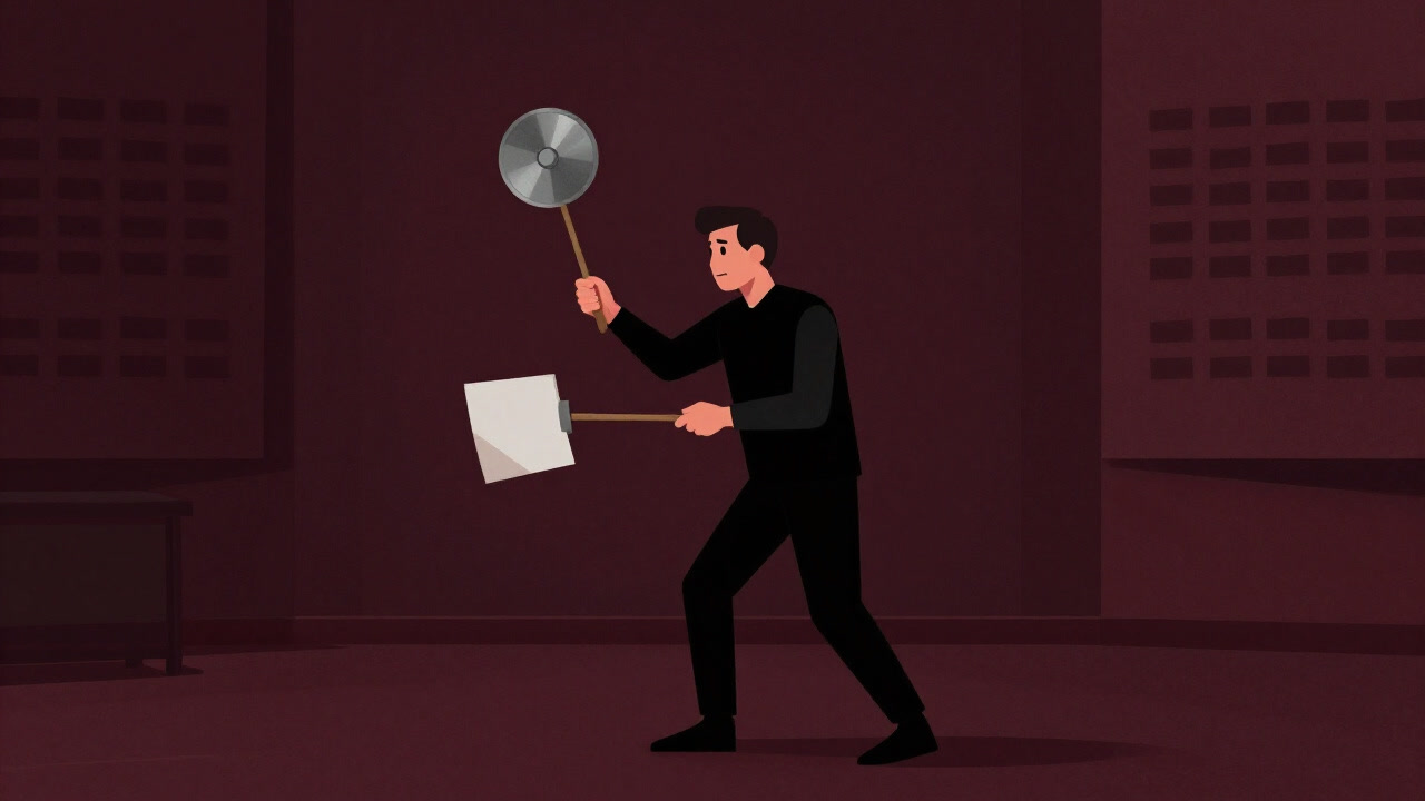 Close-up of a Foley artist striking metal and paper props in a recording studio