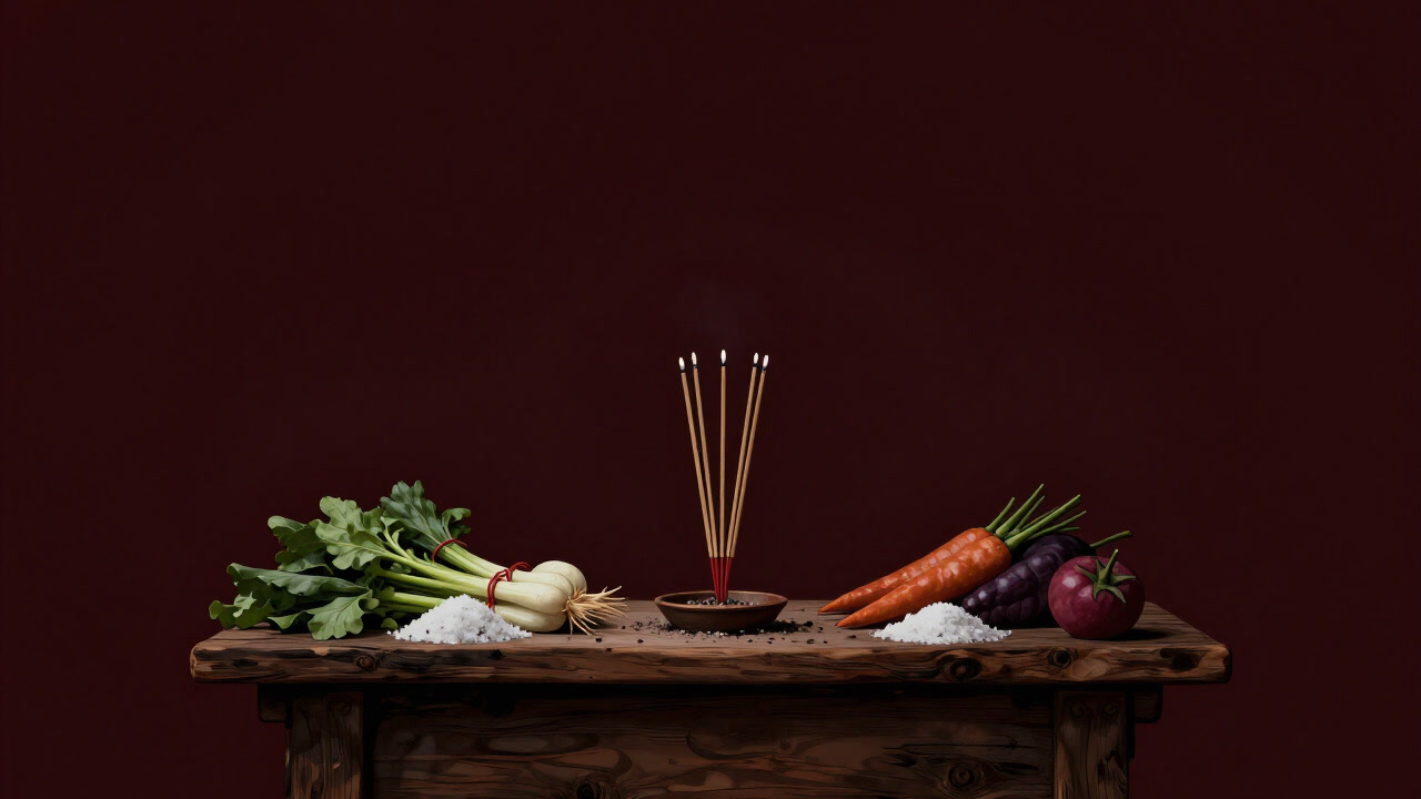 Image of a small wooden altar cluttered with vegetables, salt heaps, and burning incense.