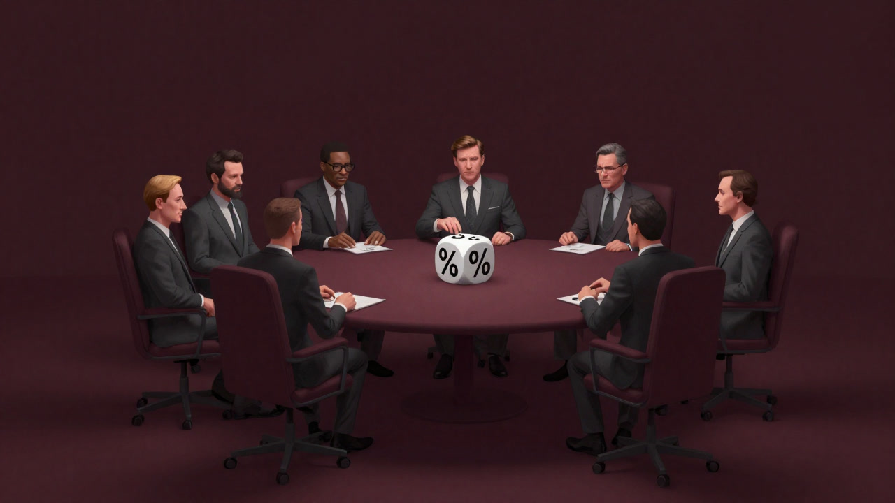 Illustration of central bank officials around a round table rolling dice to determine interest rates