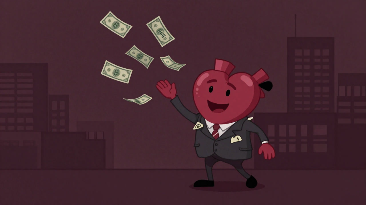 Illustration of a smiling heart character scattering banknotes made of words of praise