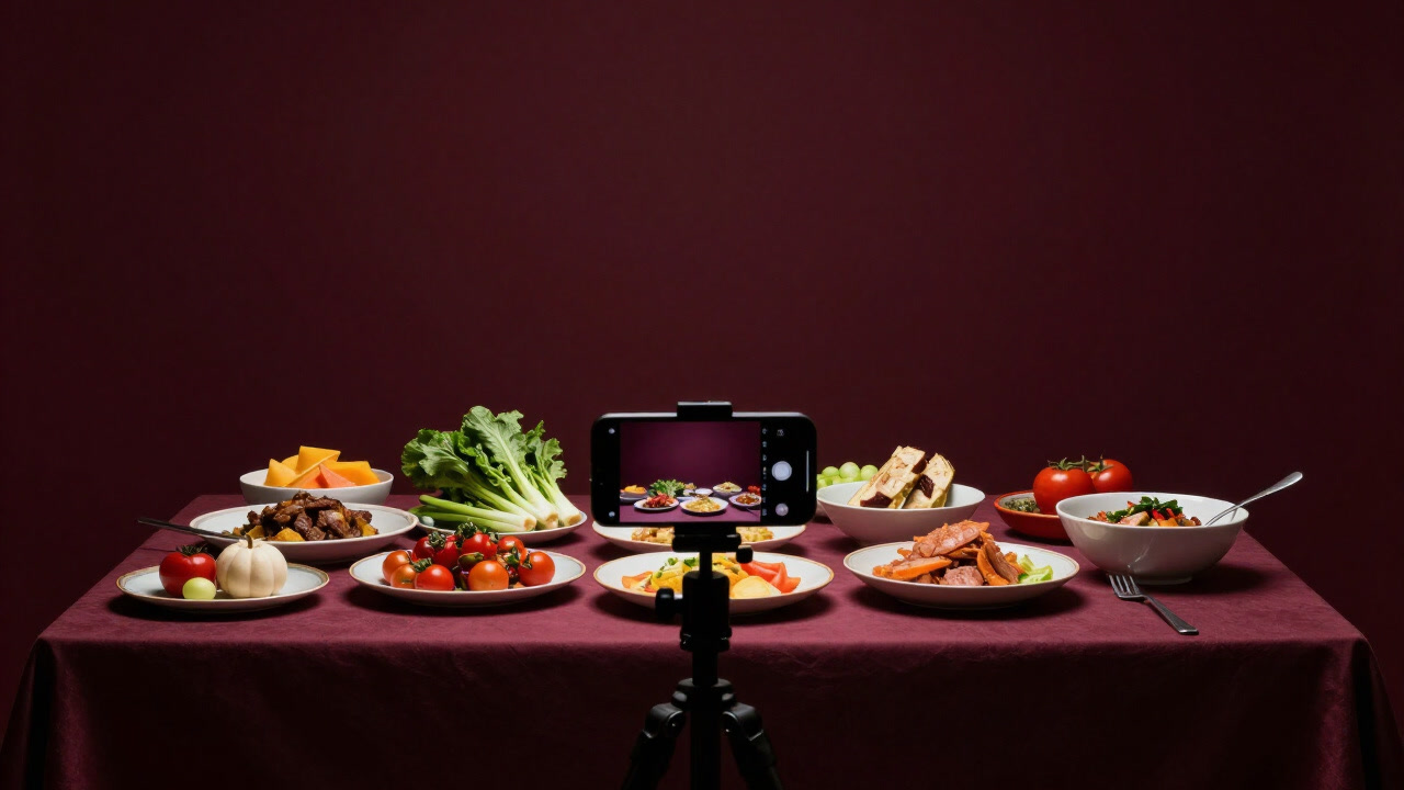 A colorful array of vegetables and dishes artfully arranged like a masterpiece, bathed in light towards a smartphone camera