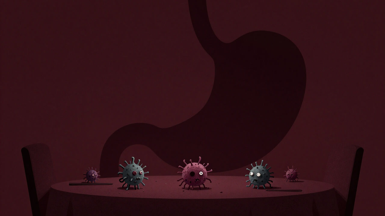 Illustration of tiny demonic bacteria lurking on a dark dining table, grinning from the shadow of a giant stomach.