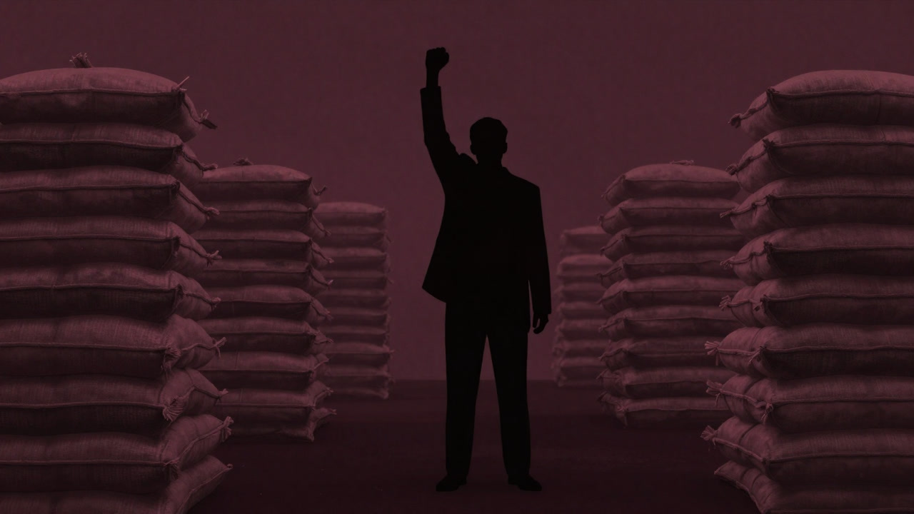 Silhouette of a politician raising their fist in front of stacked rice bags.