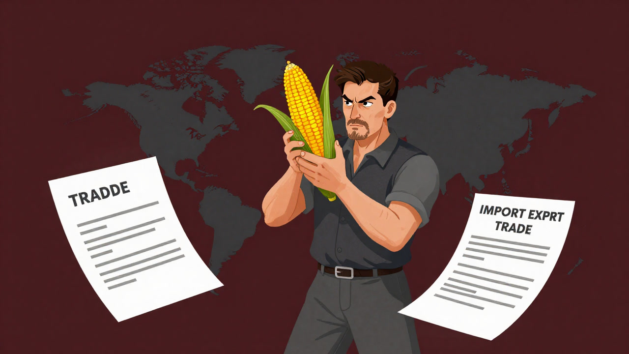 Illustration of a farmer clutching an ear of corn while glaring at import-export documents