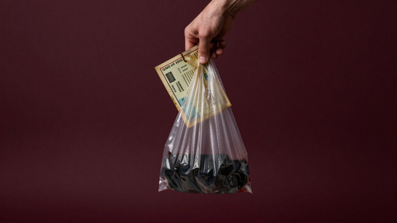 Image of a tired hand grasping a food stamp packet in a worn plastic bag.