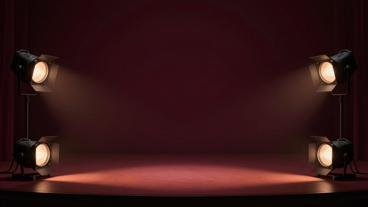 A view of footlights lined at the stage edge glowing faintly in the darkness, casting elongated shadows of an actor beyond