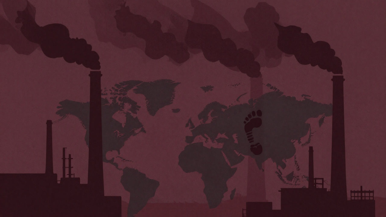 工場の煙突から地球へ続く足跡が描かれたイラスト