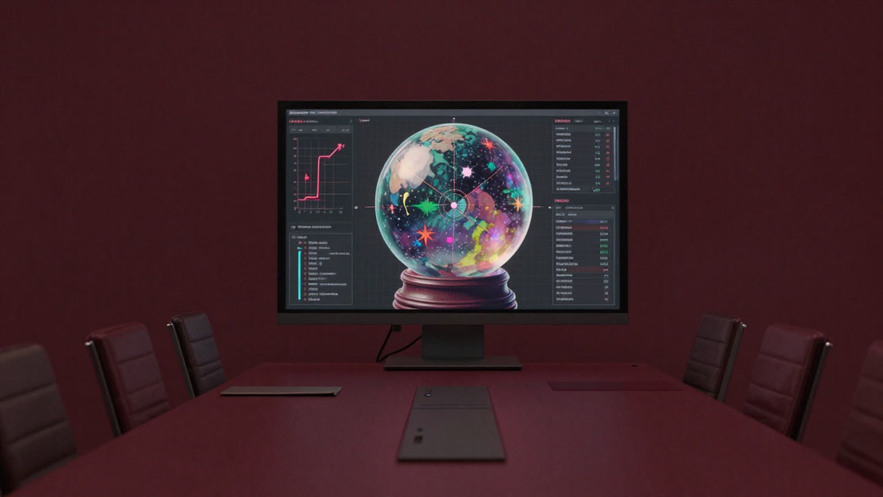 Image of a monitor on a desk displaying a graph like a crystal ball gazing into the future