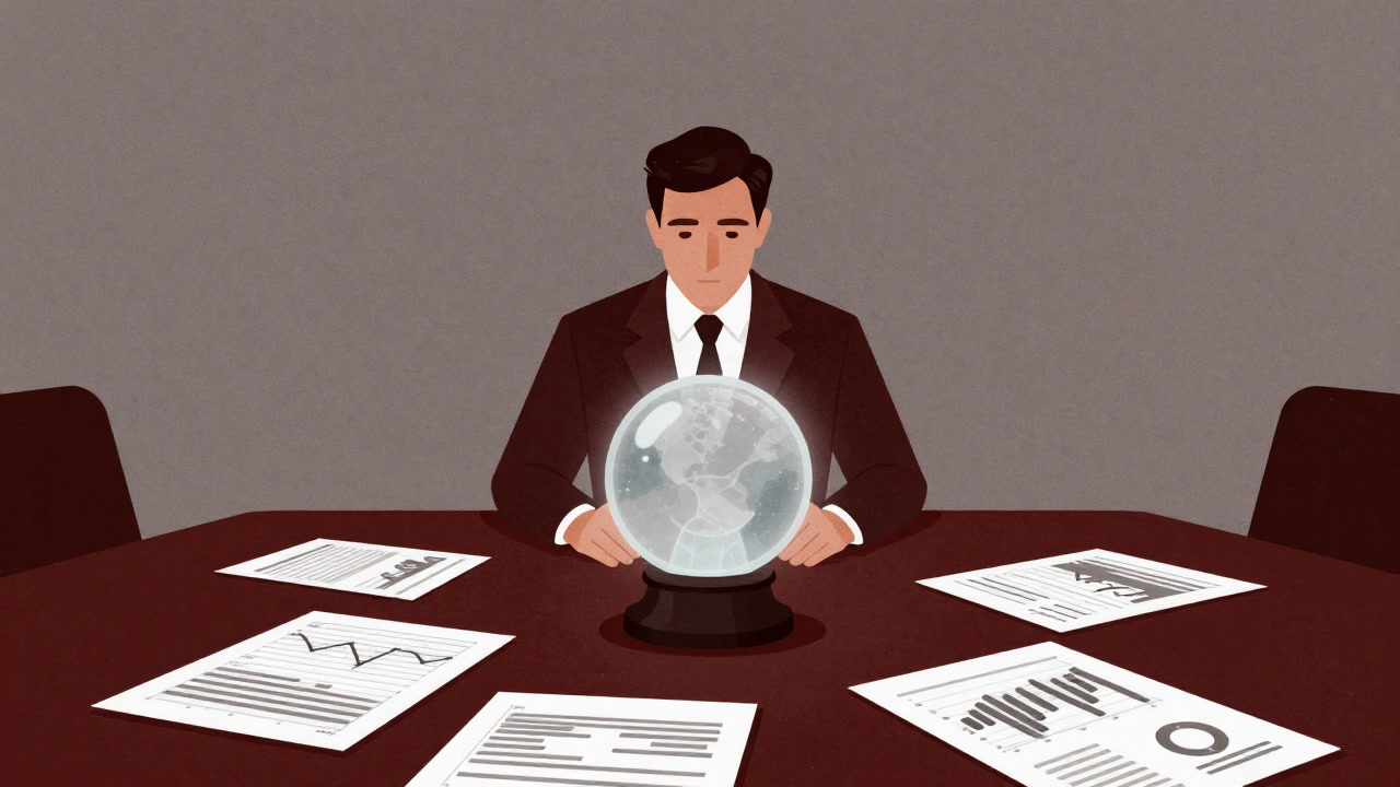 An illustration of a businessman in a boardroom, peering into a crystal ball while numerous line graphs lie on the table.
