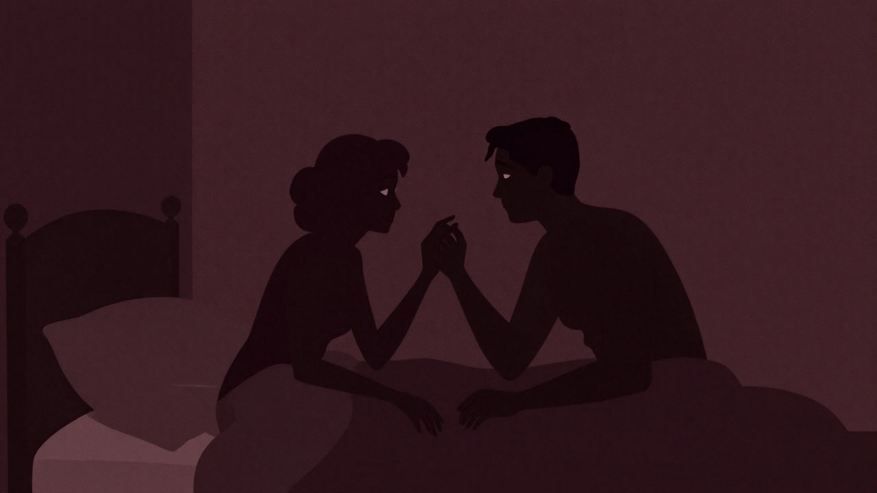 Silhouettes of two figures on a bed, hesitating to touch yet exchanging looks full of anticipation.