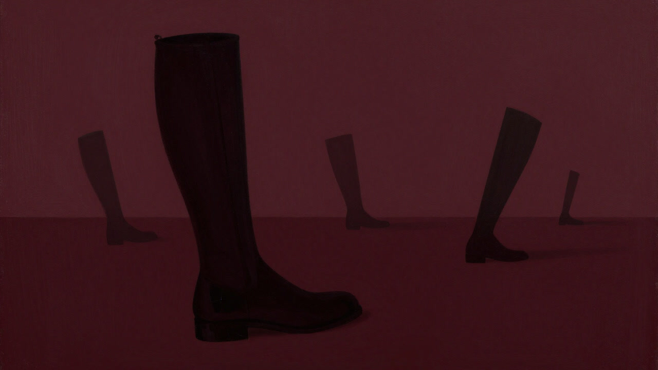 A strange landscape on a canvas where foreground objects are exaggerated and depth is crushed