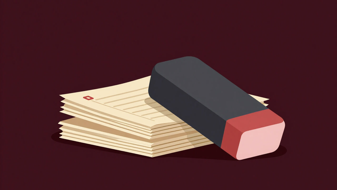 古びた帳簿の山が暗闇に浮かび上がる、上から巨大な消しゴムが降り注ぐイメージ