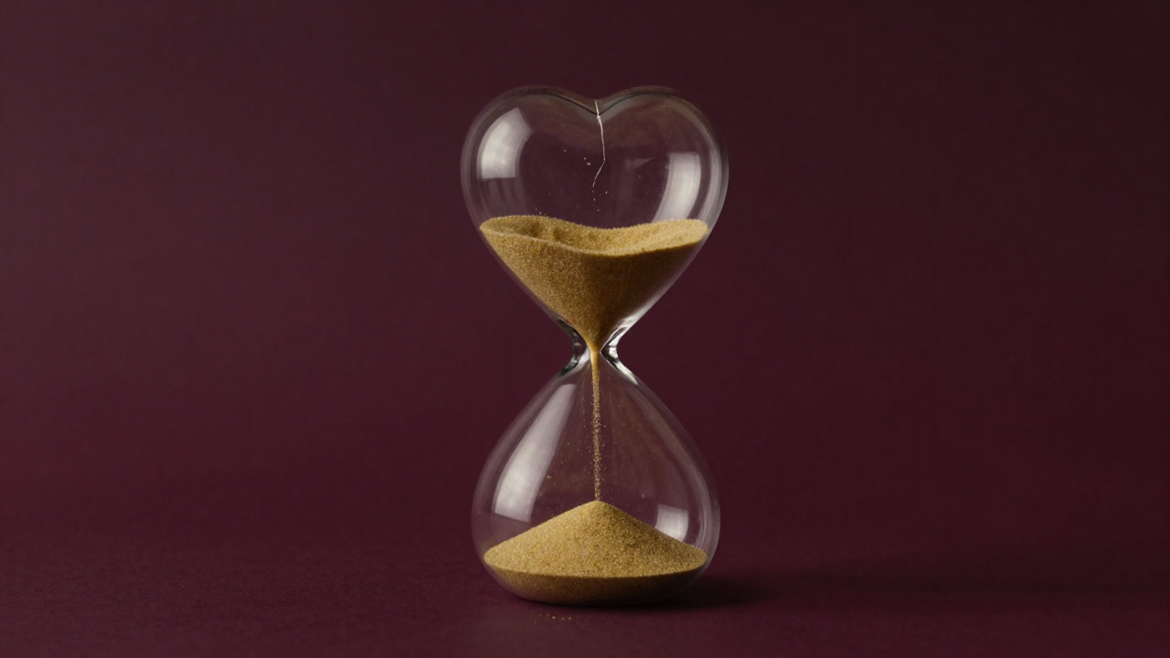 Illustration of a broken heart-shaped hourglass with emotional sand spilling out.
