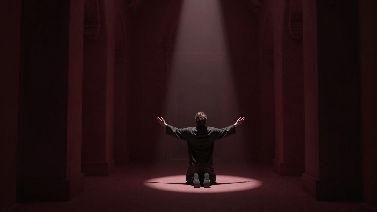 十字架の前で怯えた表情で許しを乞う人物の影のシルエット