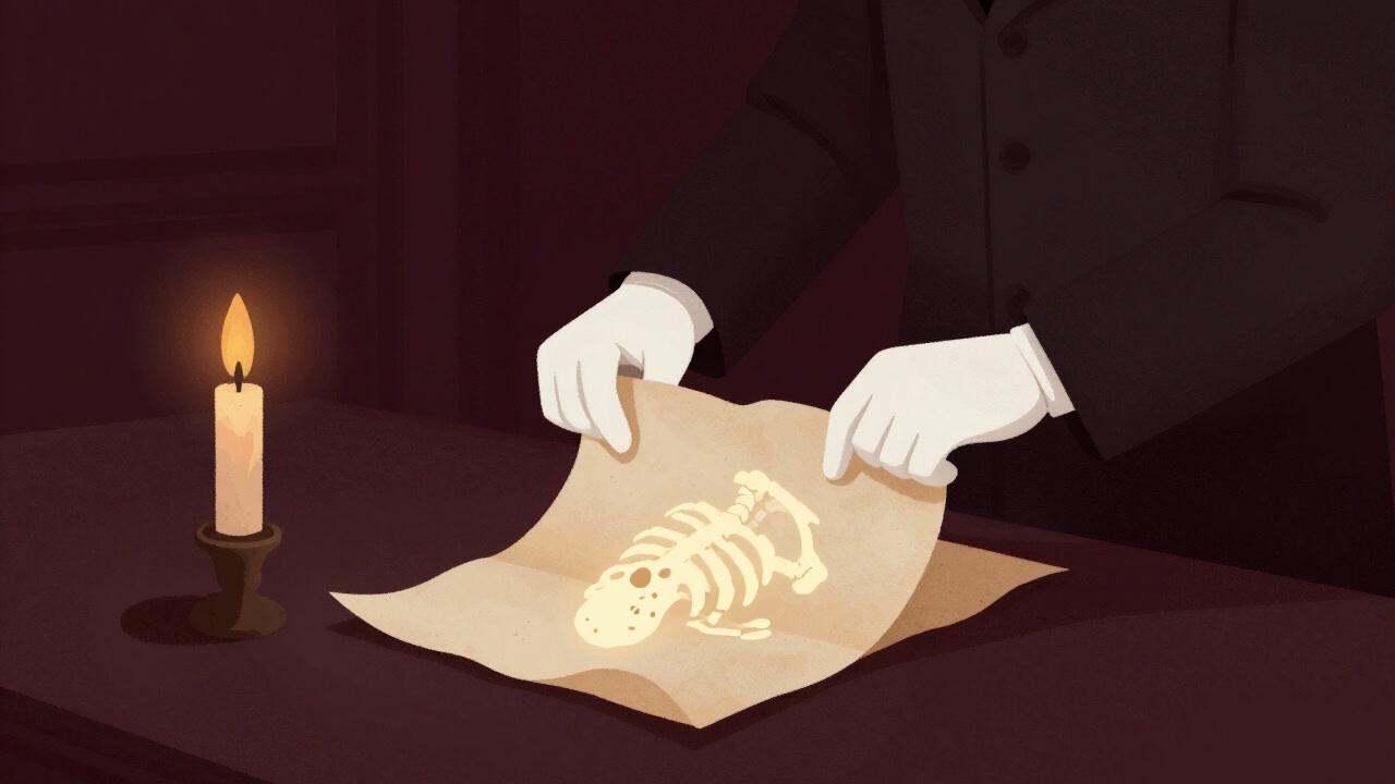 暗室で蝋燭の明かりに照らされ、羊皮紙の形式を解体する手袋を嵌めた学者のシルエット