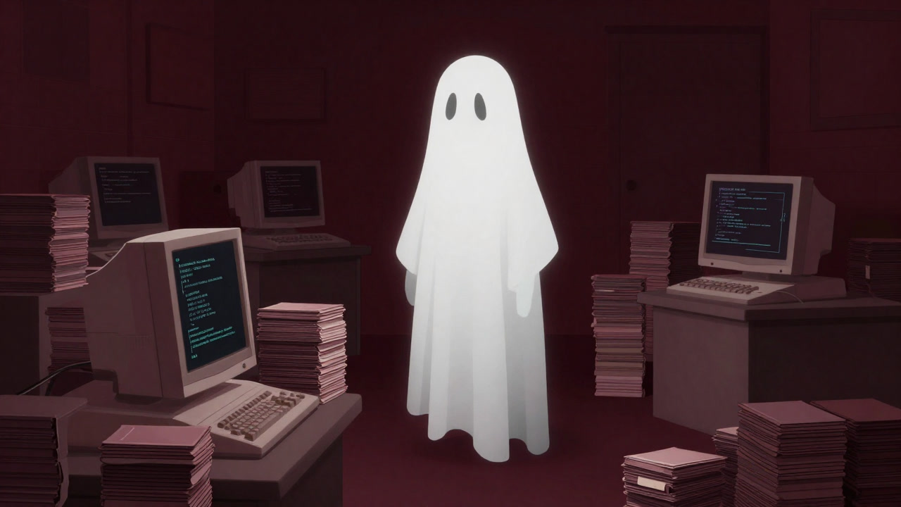 無数のパンチカードに囲まれ、薄暗い研究室で古びた端末を見つめるプログラム言語の幽霊