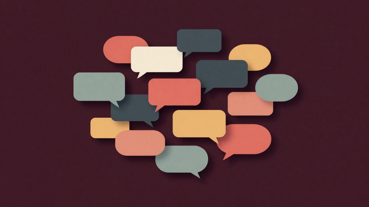 カラフルな吹き出しが錯綜し、混沌とした文字の嵐に呑まれそうになるフォーラムのイラスト