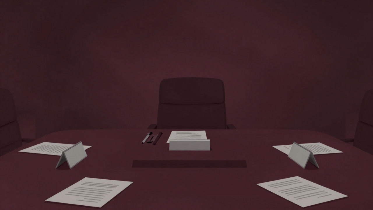 Image of an empty seat in the center of a long table scattered with name plates and documents.