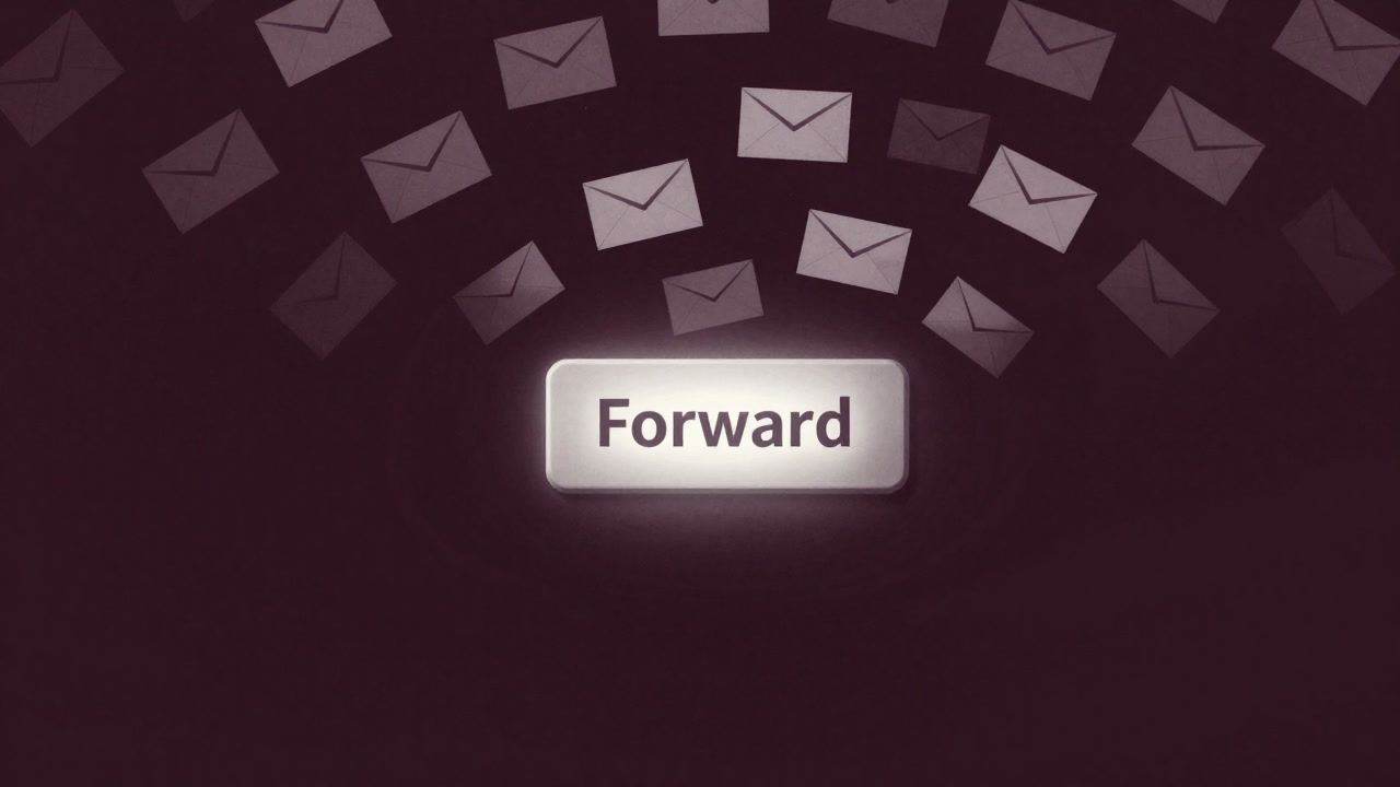 Illustration of a swirl of piled-up emails with a glowing “Forward” button floating at the center