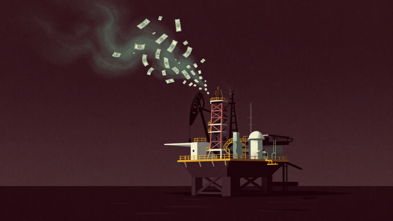 Illustration of banknotes pouring out of an oil platform, tinting the atmosphere