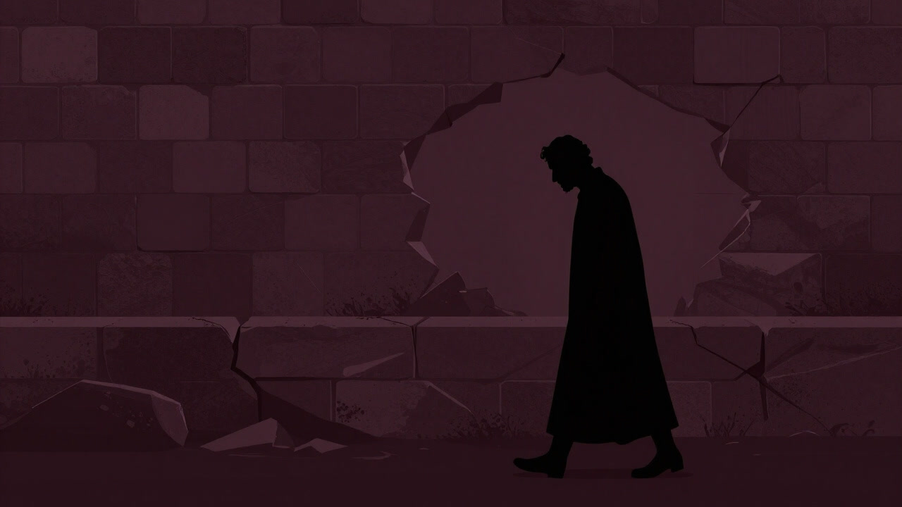 Silhouette of a philosopher wandering in search of a foundation against a crumbling stone wall reminiscent of ruins.