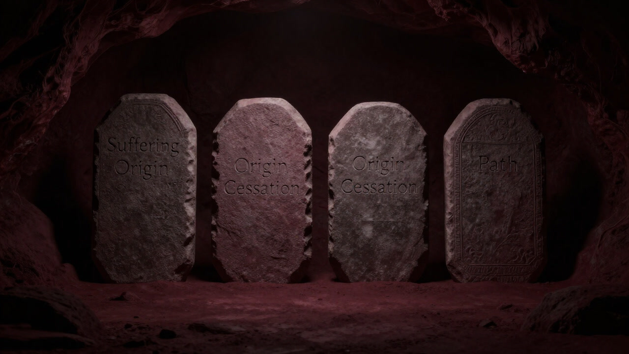 Four engraved stones reading "Suffering","Origin","Cessation","Path" illuminated in a dark cave