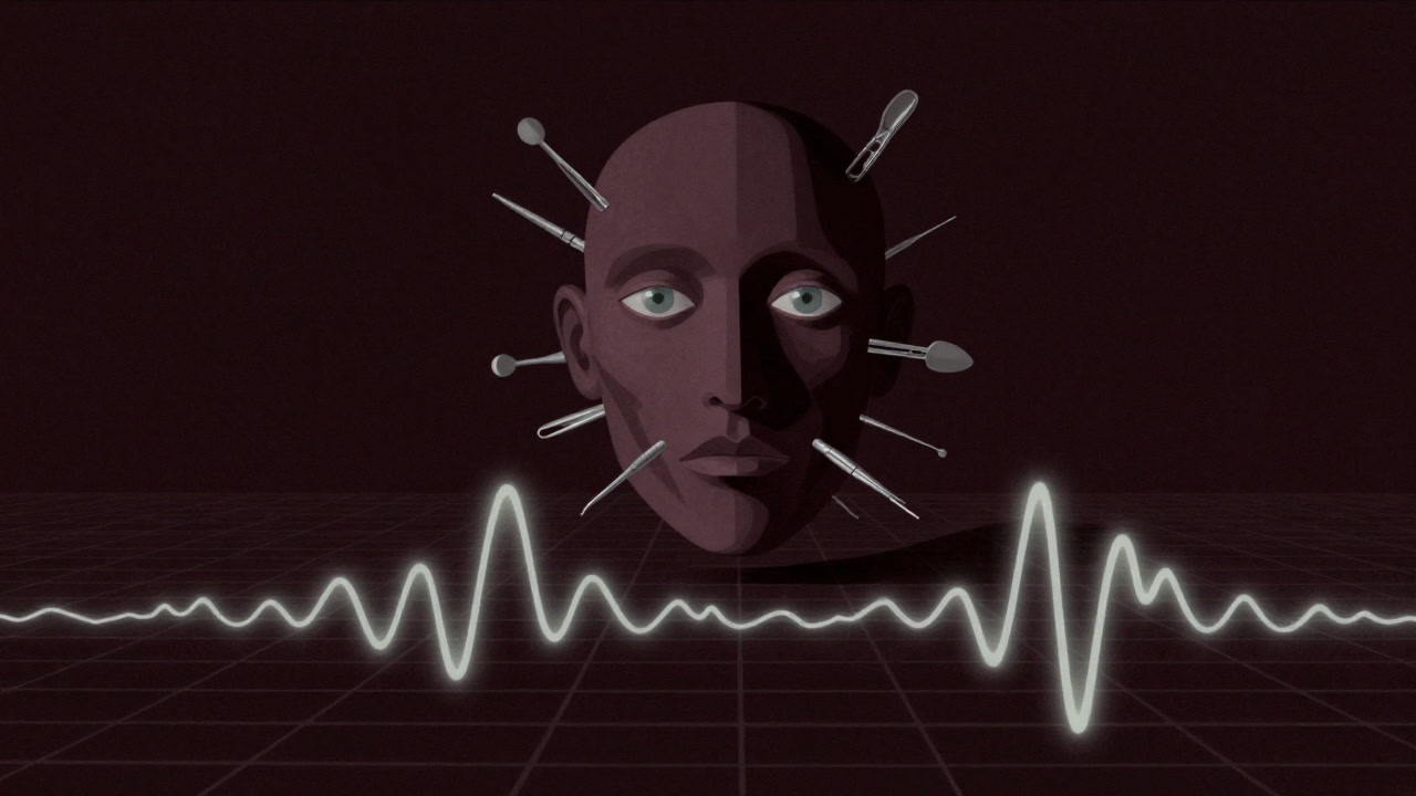 A symbolic face representing the Fourier transform looming over countless waveforms glowing in darkness.