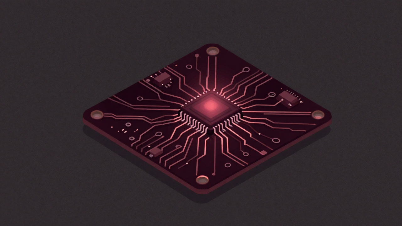 Image of an FPGA board with countless traces spread like a spider web, and a glowing chip pulsating ominously at the center